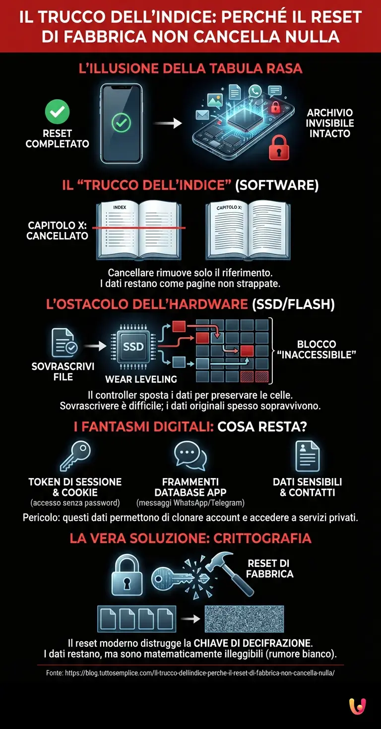Il trucco dell'indice: perché il reset di fabbrica non cancella nulla - Infografica riassuntiva
