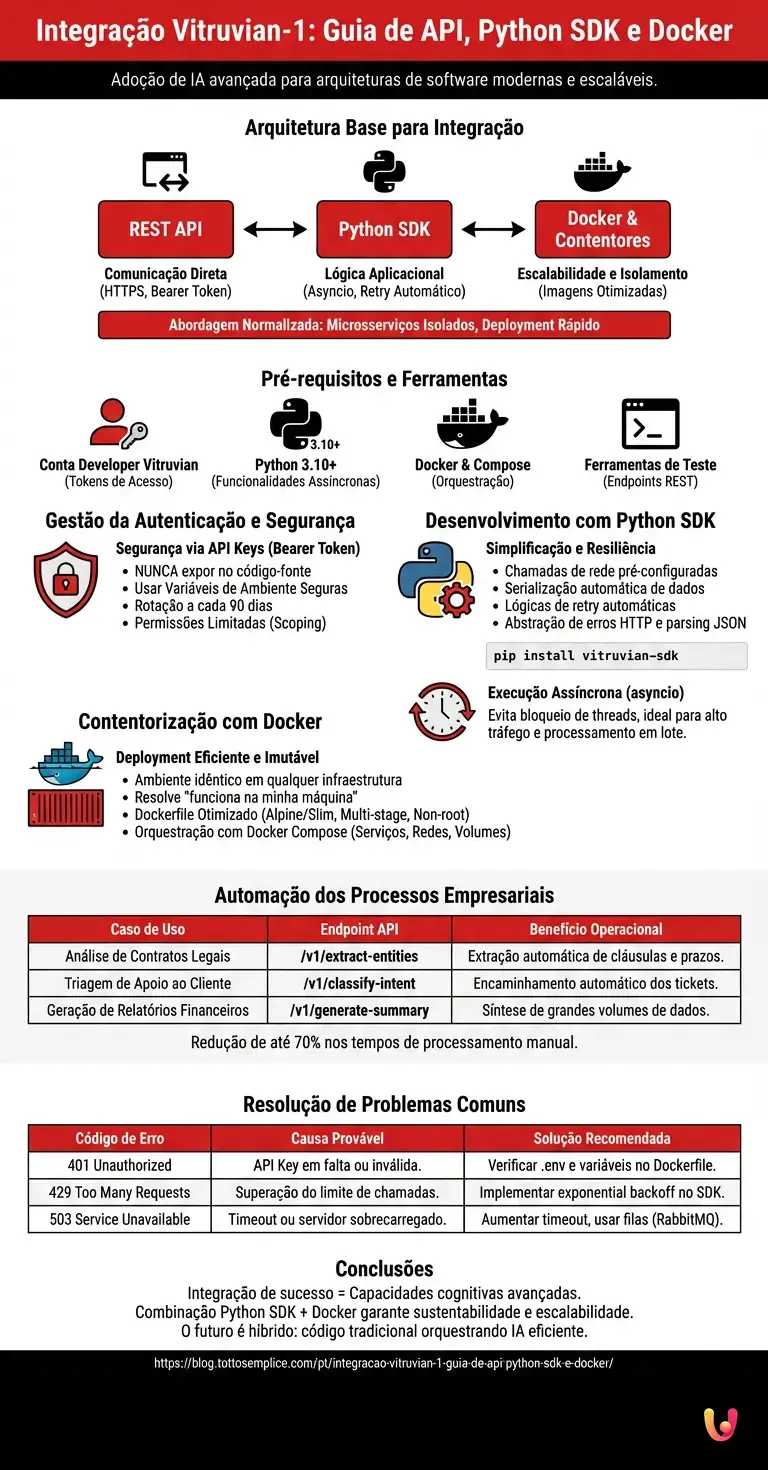 Integra&ccedil;&atilde;o Vitruvian-1: Guia de API, Python SDK e Docker - Infogr&aacute;fico resumido