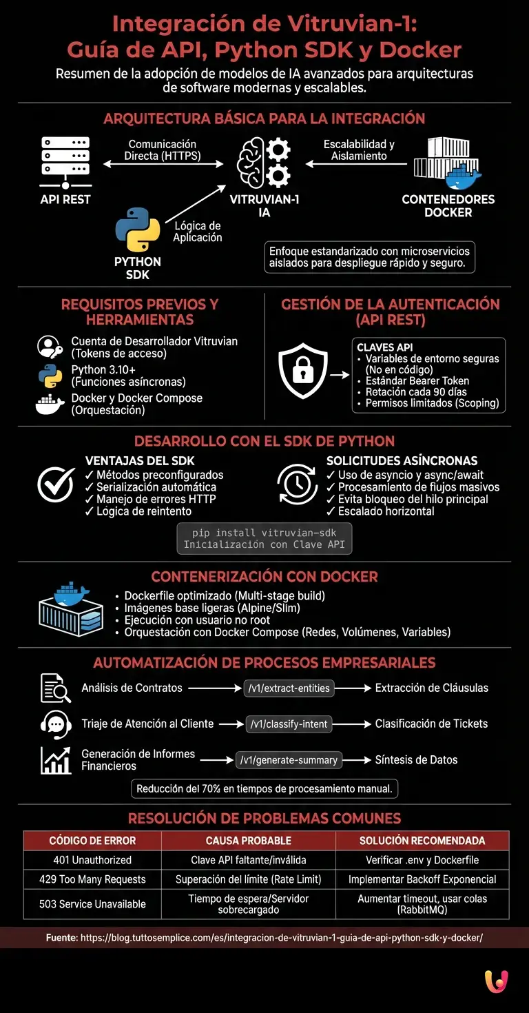 Integraci&oacute;n de Vitruvian-1: Gu&iacute;a de API, Python SDK y Docker - Infograf&iacute;a resumen