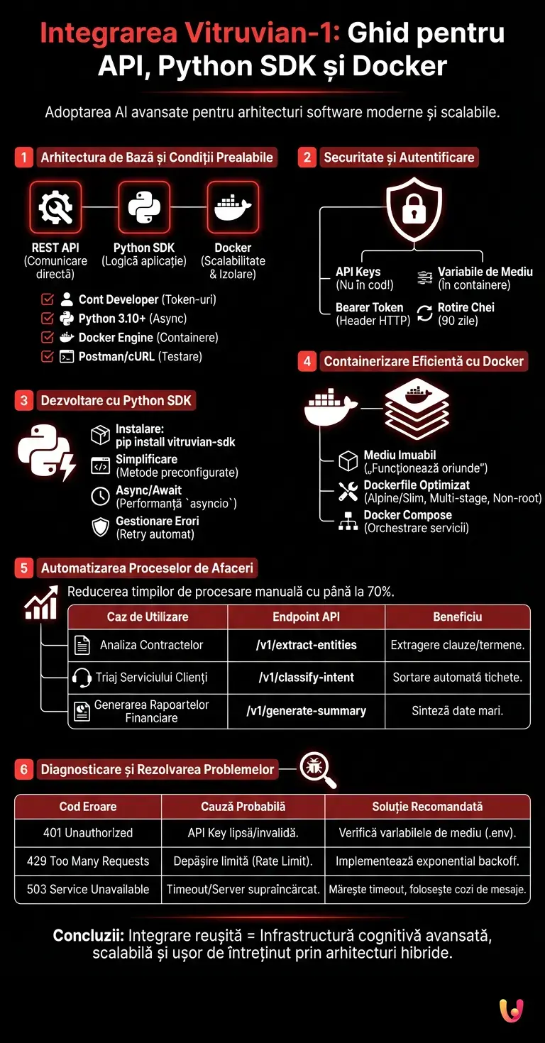 Integrarea Vitruvian-1: Ghid pentru API, Python SDK și Docker - Infografic rezumativ