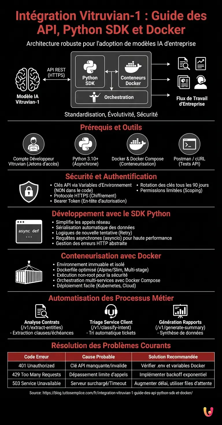Int&eacute;gration Vitruvian-1 : Guide des API, Python SDK et Docker - Infographie r&eacute;sumant
