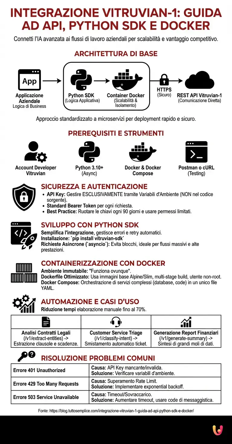 Integrazione Vitruvian-1: Guida ad API, Python SDK e Docker - Infografica riassuntiva