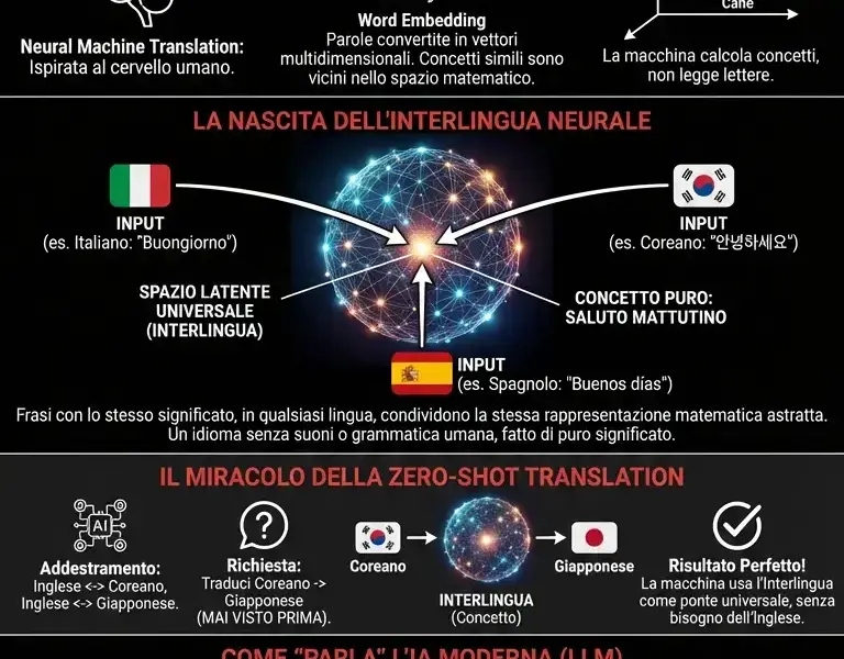 Infografica: Interlingua neurale: l'idioma segreto generato dalle IA