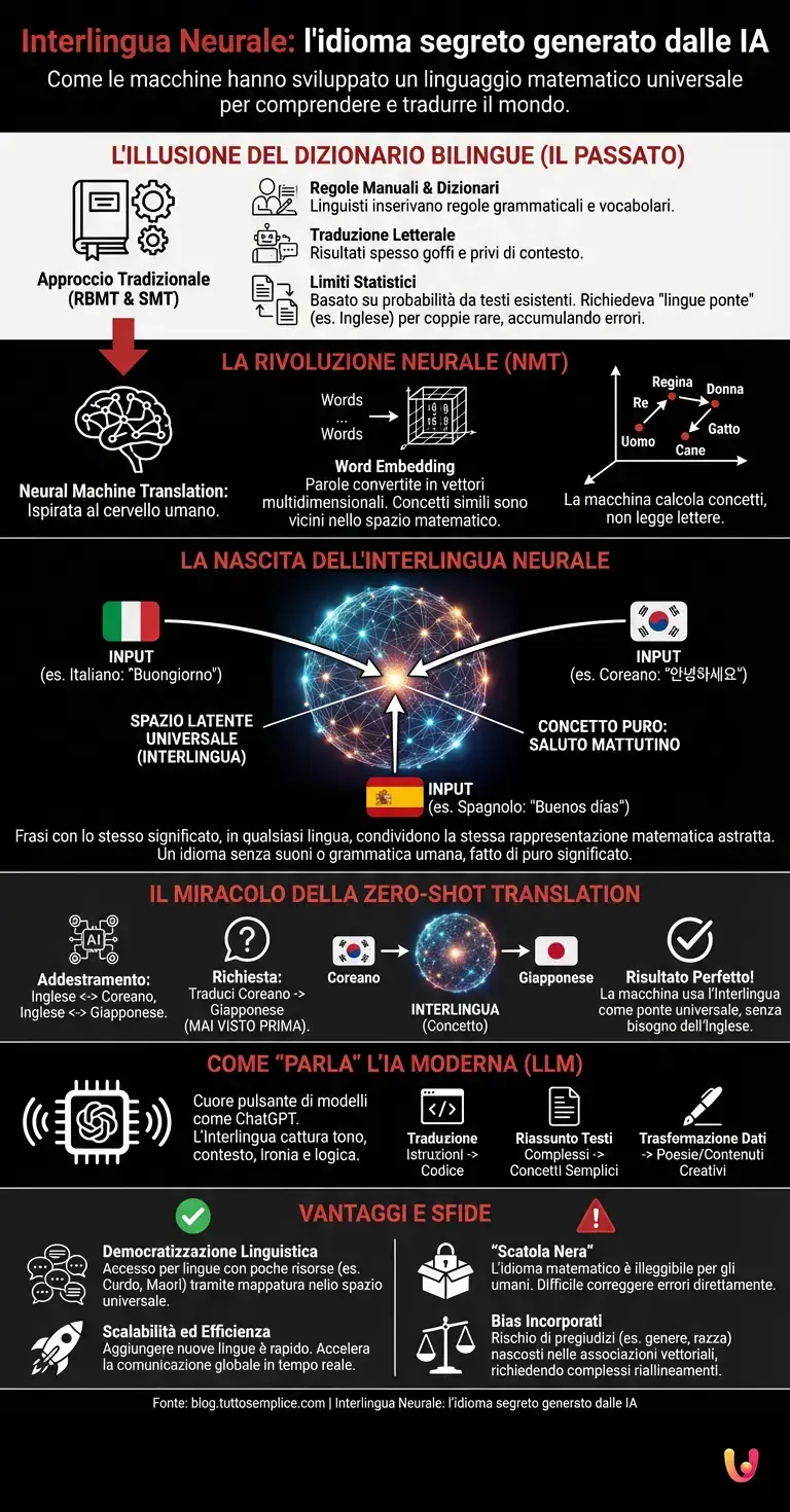 Interlingua neurale: l'idioma segreto generato dalle IA - Infografica riassuntiva