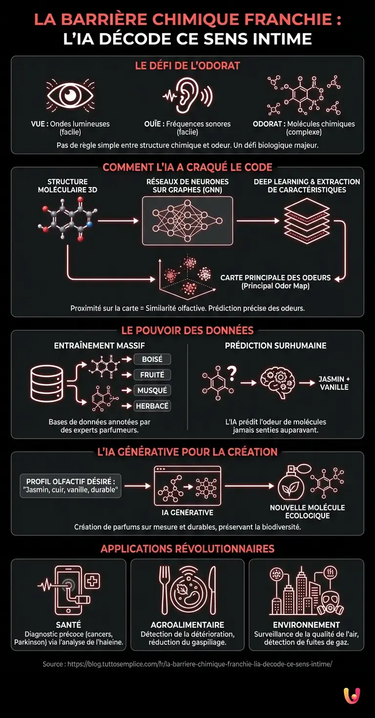 La barri&egrave;re chimique franchie : l'IA d&eacute;code ce sens intime - Infographie r&eacute;sumant