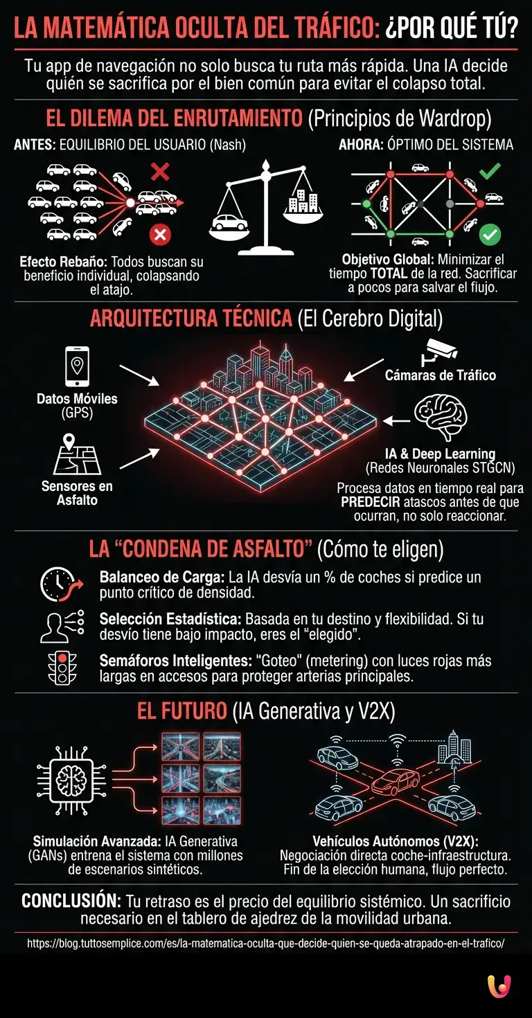 La matem&aacute;tica oculta que decide qui&eacute;n se queda atrapado en el tr&aacute;fico - Infograf&iacute;a resumen