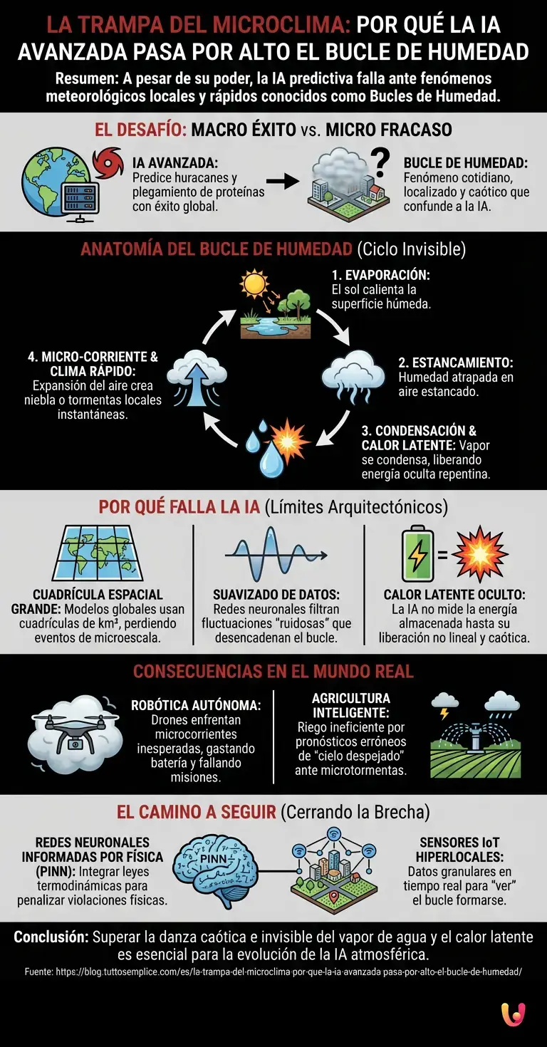 La trampa del microclima: Por qu&eacute; la IA avanzada pasa por alto el bucle de humedad - Infograf&iacute;a resumen