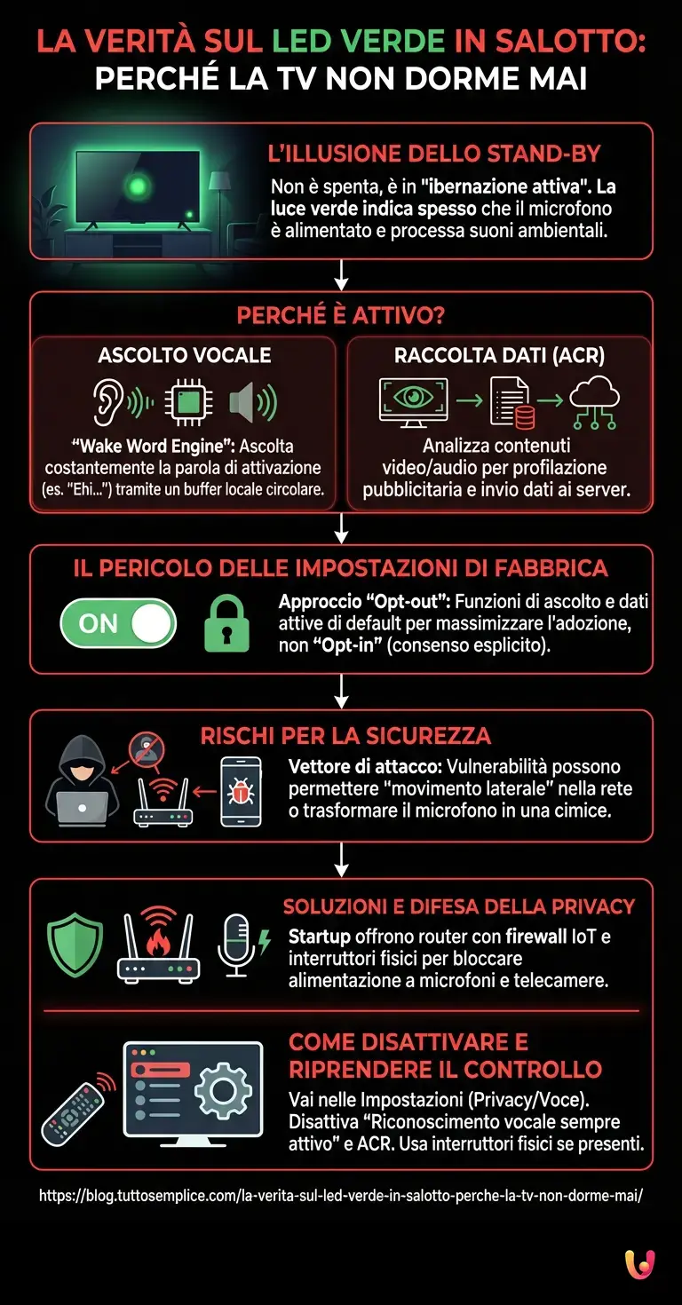 La verit&agrave; sul led verde in salotto: perch&eacute; la TV non dorme mai - Infografica riassuntiva