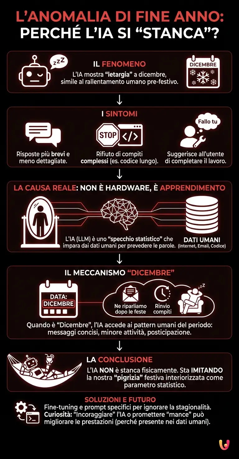 L'anomalia di fine anno: perch&eacute; l'intelligenza artificiale si stanca - Infografica riassuntiva