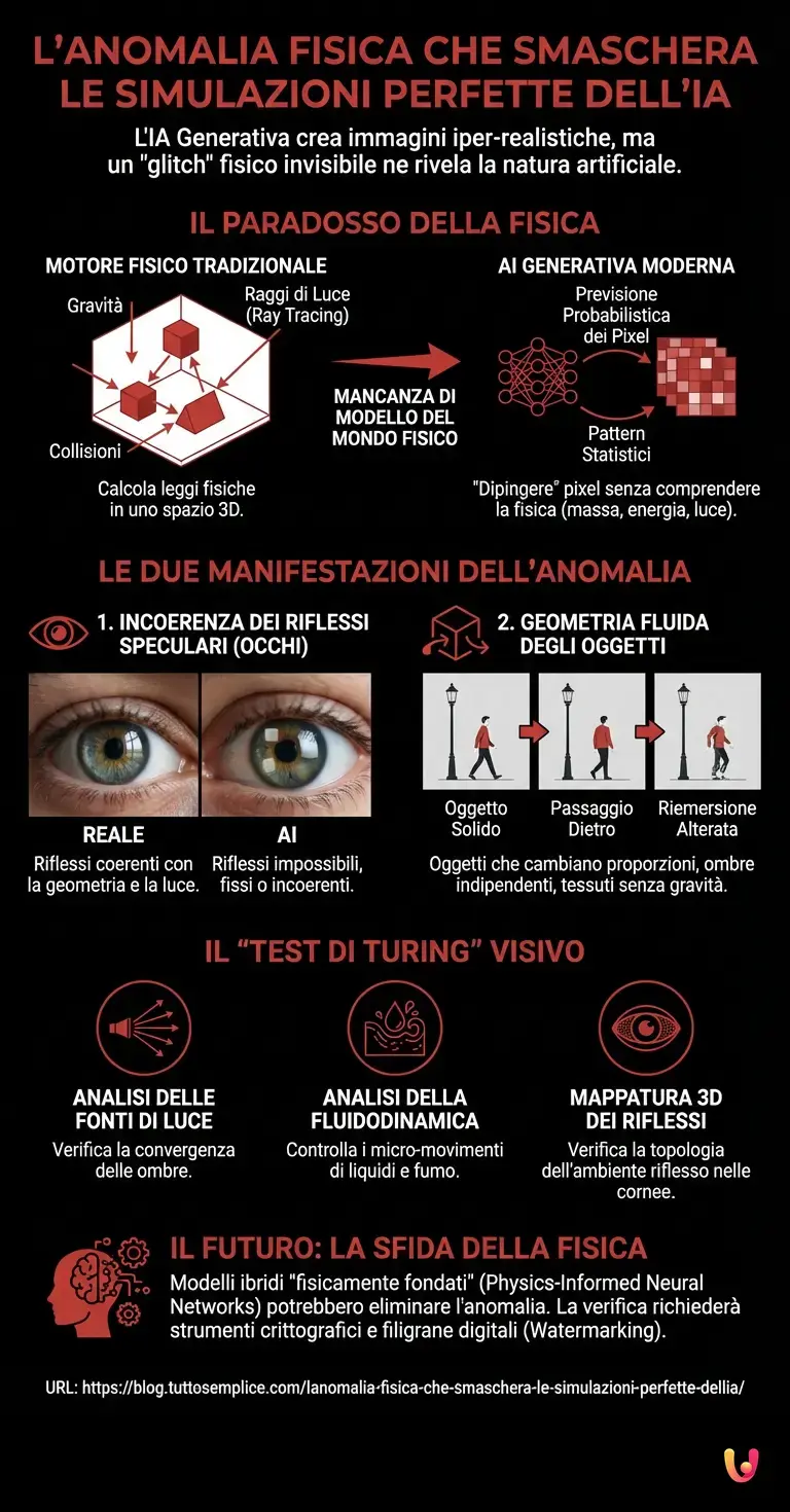 L'anomalia fisica che smaschera le simulazioni perfette dell'IA - Infografica riassuntiva