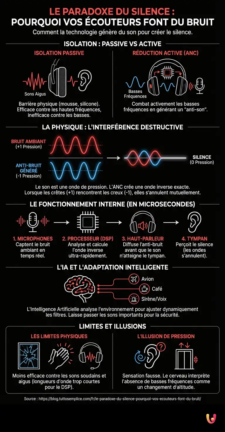 Le paradoxe du silence : pourquoi vos &eacute;couteurs font du bruit - Infographie r&eacute;sumant