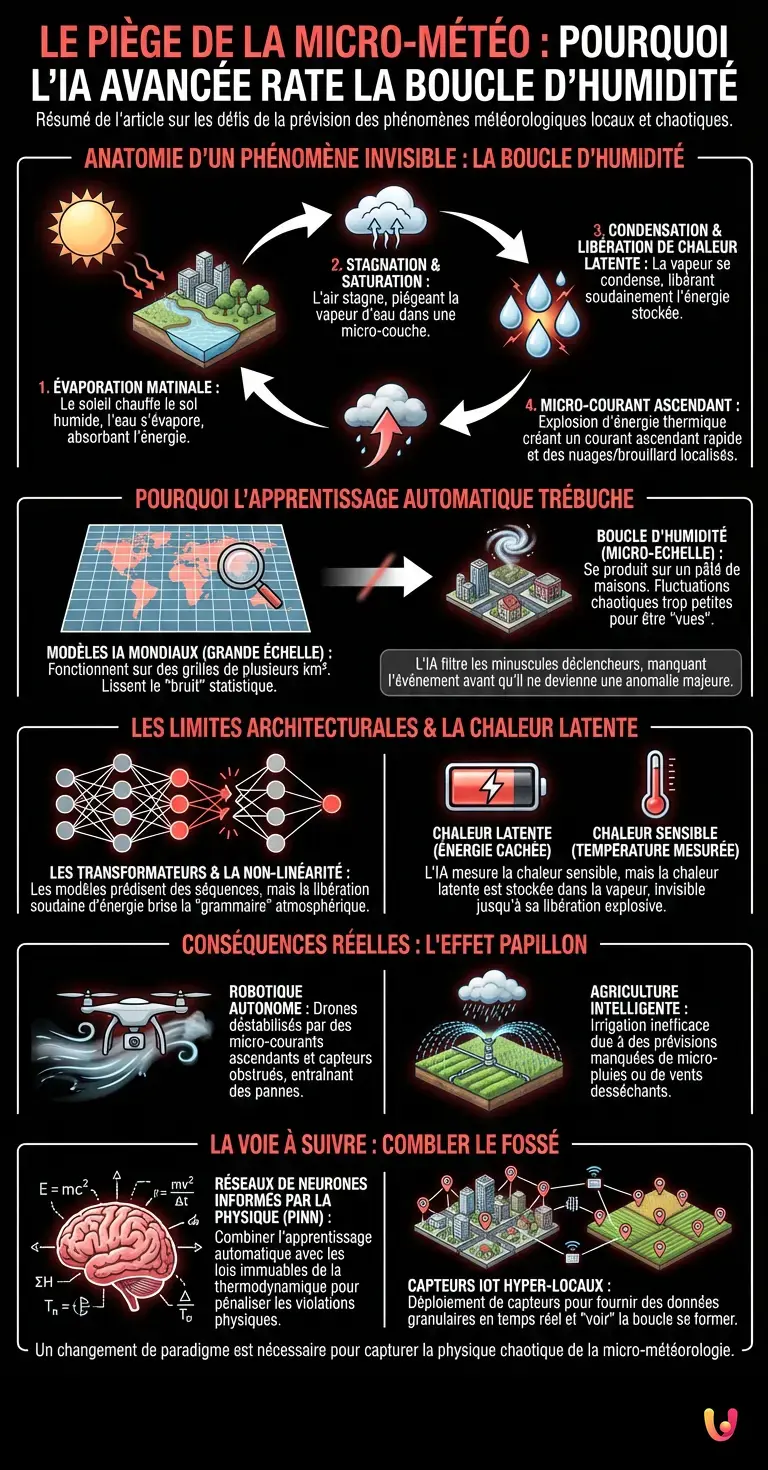 Le Pi&egrave;ge de la Micro-M&eacute;t&eacute;o : Pourquoi l'IA Avanc&eacute;e Rate la Boucle d'Humidit&eacute; - Infographie r&eacute;sumant