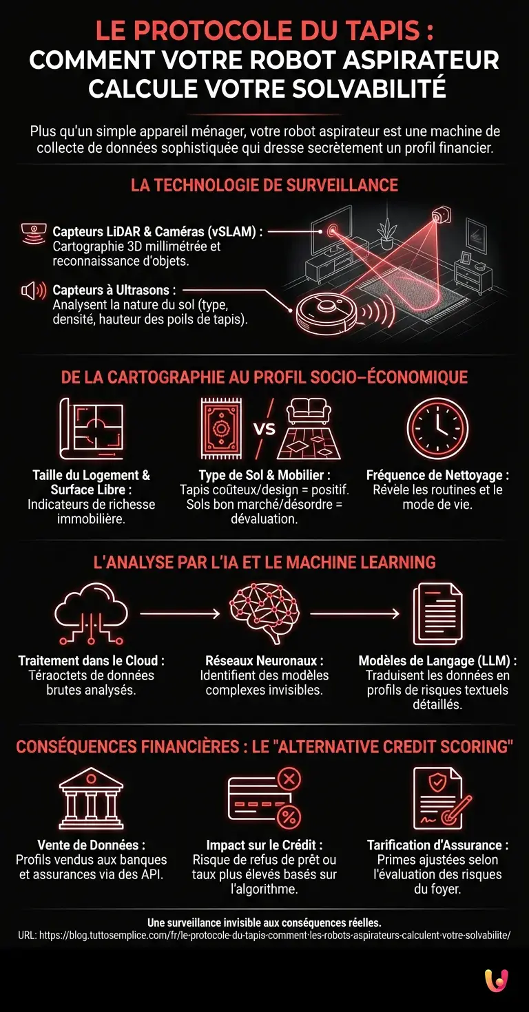 Le protocole du tapis : comment les robots aspirateurs calculent votre solvabilit&eacute; - Infographie r&eacute;sumant
