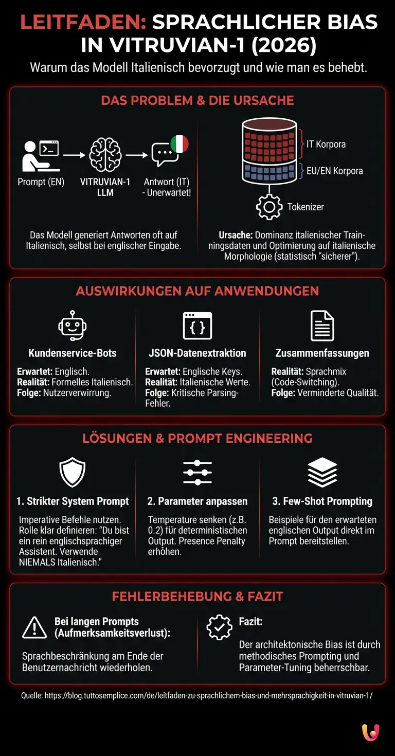 Leitfaden zu sprachlichem Bias und Mehrsprachigkeit in Vitruvian-1 - Zusammenfassende Infografik