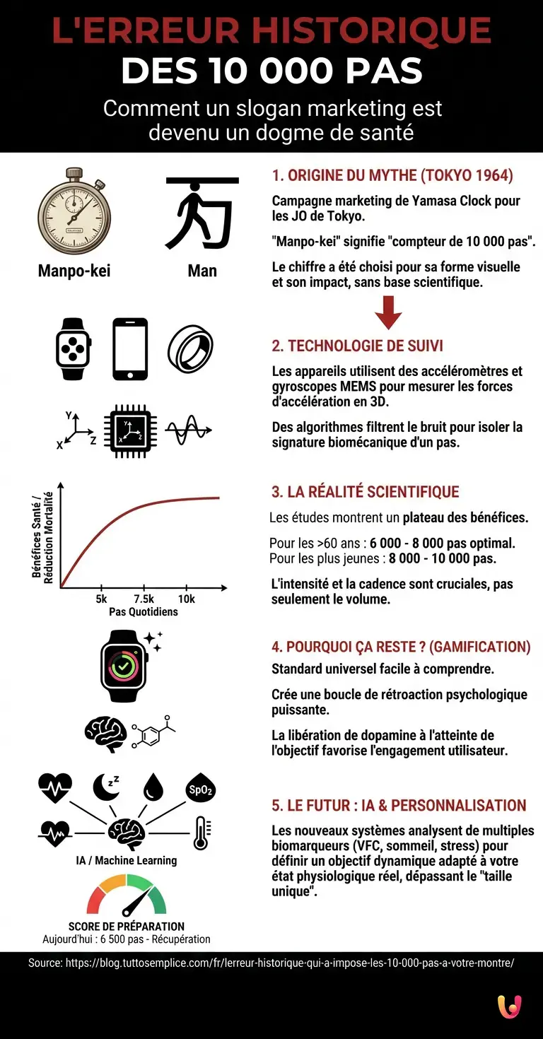 L'erreur historique qui a impos&eacute; les 10 000 pas &agrave; votre montre - Infographie r&eacute;sumant