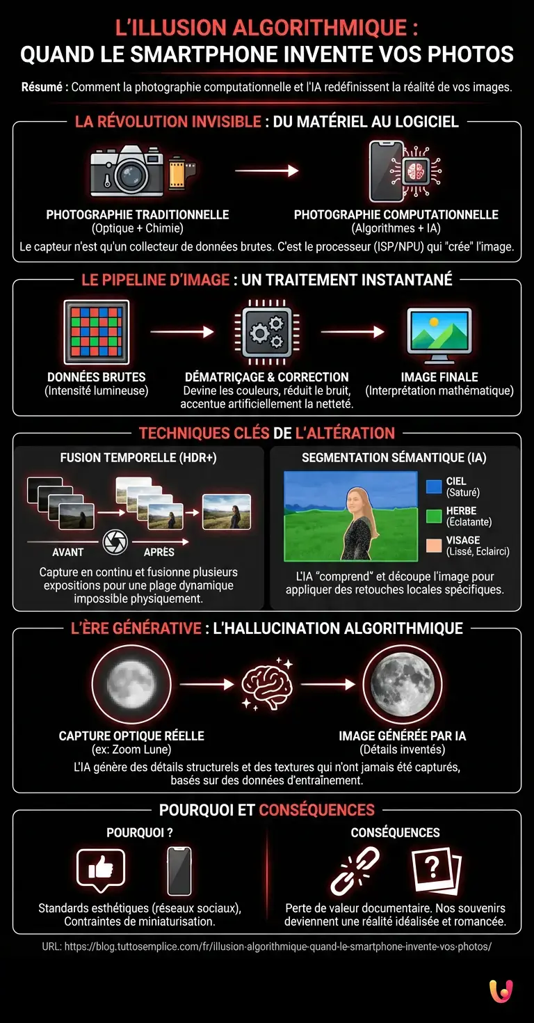 L'illusion algorithmique : quand le smartphone invente vos photos - Infographie résumant