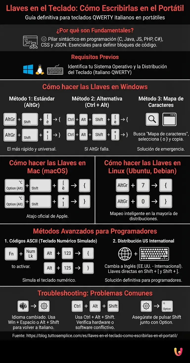 Llaves en el Teclado: C&oacute;mo Escribirlas en el Port&aacute;til - Infograf&iacute;a resumen