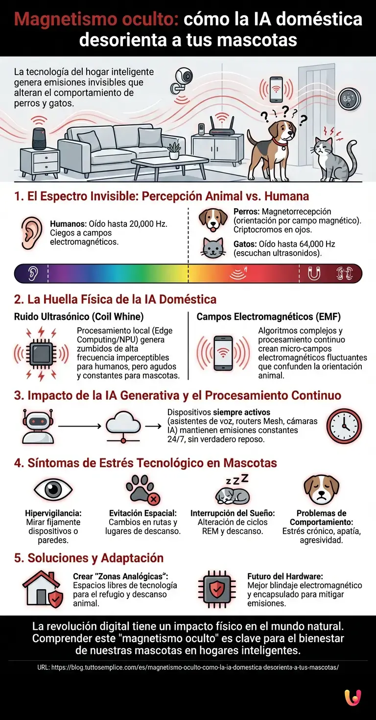 Magnetismo oculto: c&oacute;mo la IA dom&eacute;stica desorienta a tus mascotas - Infograf&iacute;a resumen