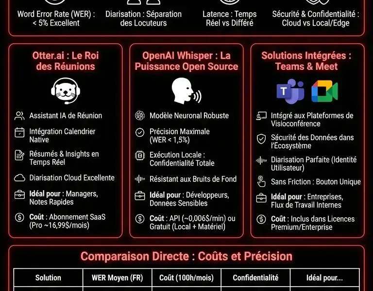 Infografica: Meilleur Speech to Text 2026 : Otter.ai vs Whisper vs Int&eacute;gr&eacute;