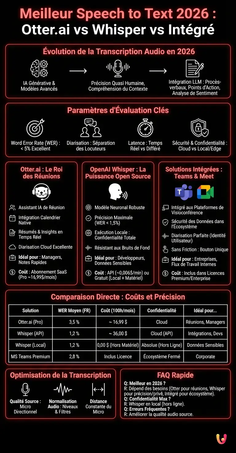 Meilleur Speech to Text 2026 : Otter.ai vs Whisper vs Int&eacute;gr&eacute; - Infographie r&eacute;sumant