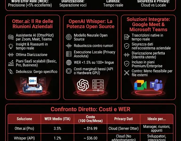Infografica: Miglior Speech to Text 2026: Otter.ai vs Whisper vs Integrate