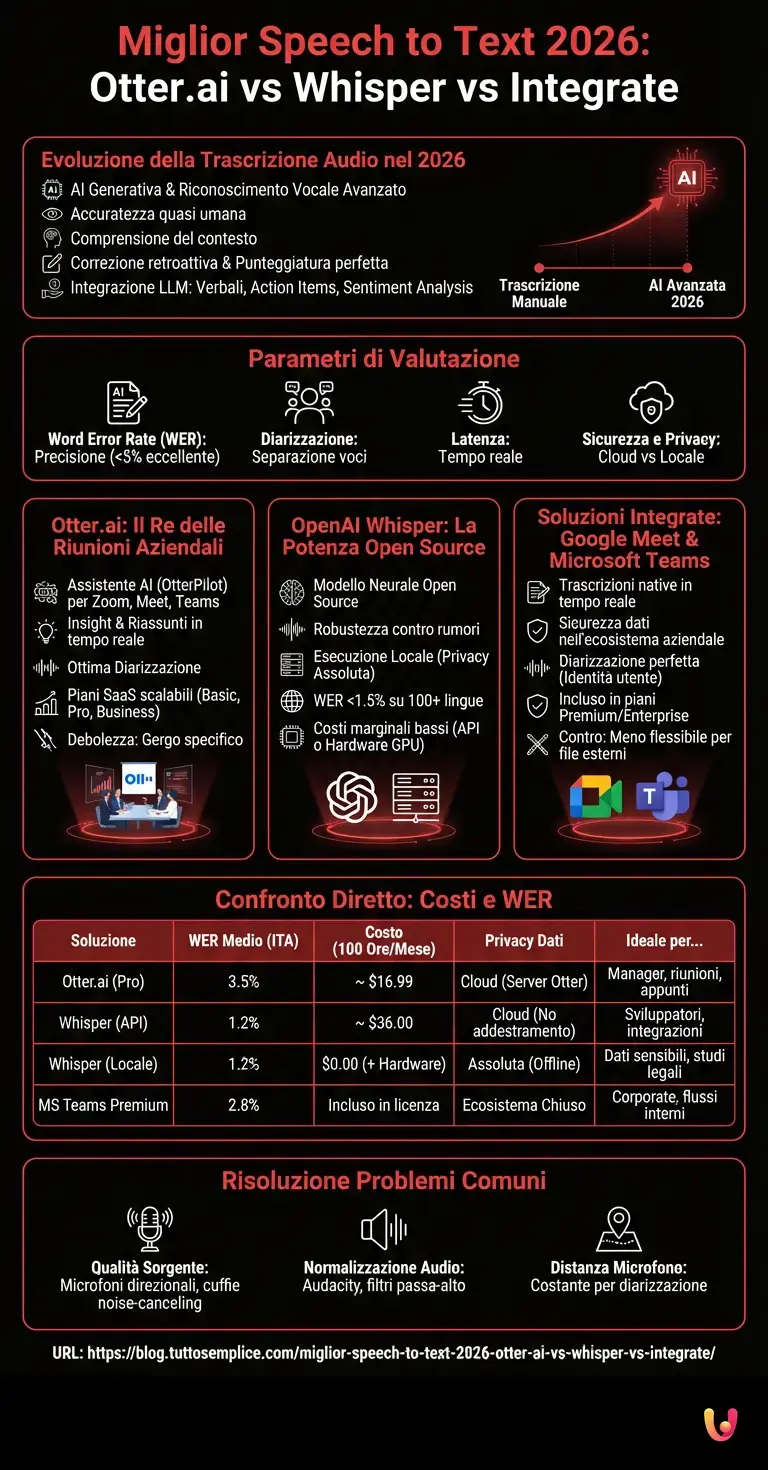 Miglior Speech to Text 2026: Otter.ai vs Whisper vs Integrate - Infografica riassuntiva
