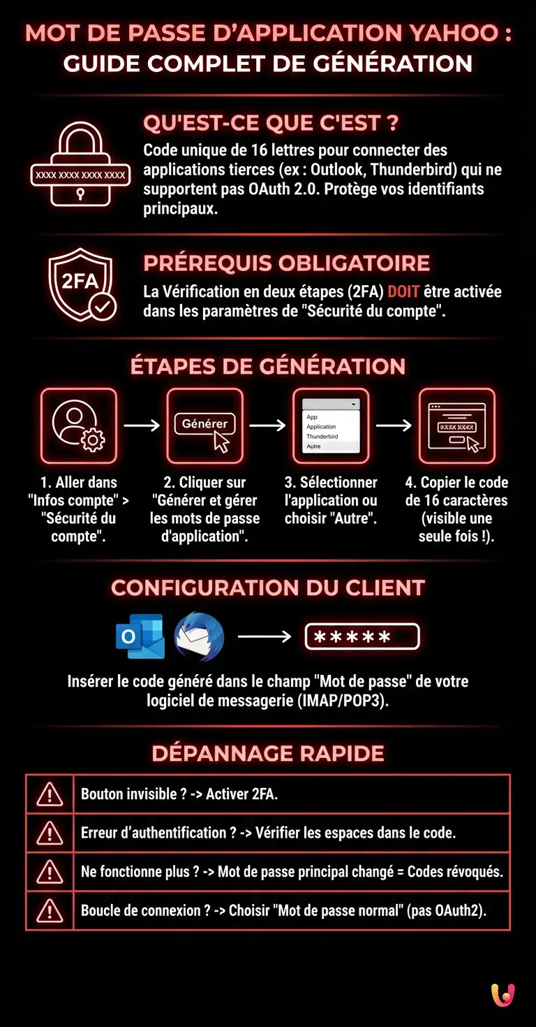 Mot de passe d'application Yahoo : Guide complet de g&eacute;n&eacute;ration - Infographie r&eacute;sumant