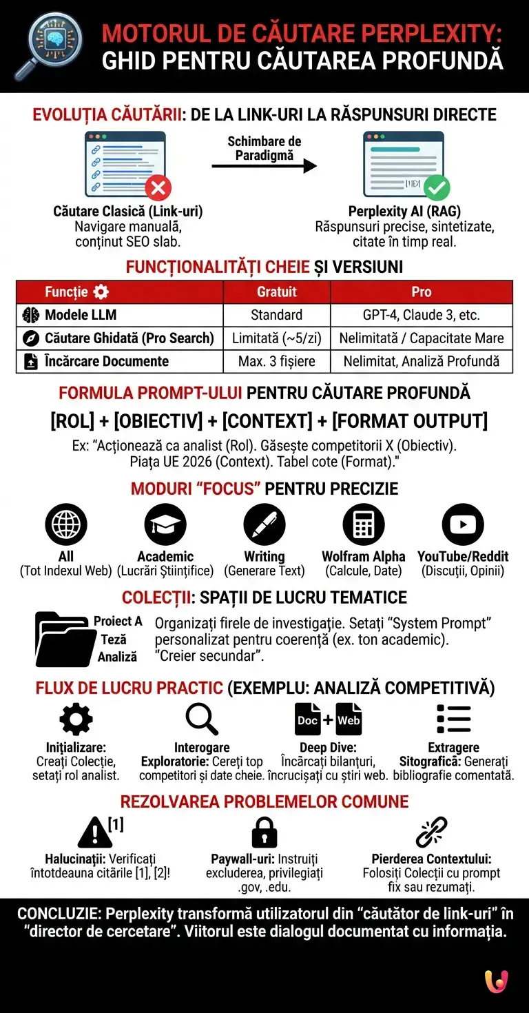 Motorul de Căutare Perplexity: Ghid pentru Căutarea Profundă - Infografic rezumativ