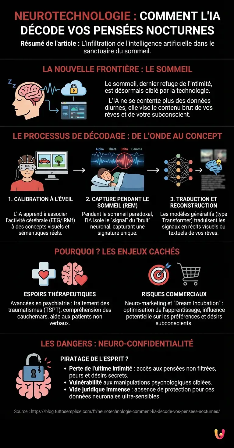 Neurotechnologie : comment l'IA d&eacute;code vos pens&eacute;es nocturnes - Infographie r&eacute;sumant