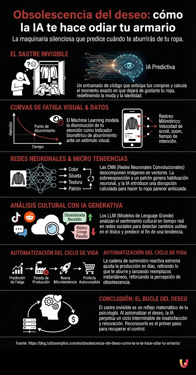 Obsolescencia del deseo: c&oacute;mo la IA te hace odiar tu armario - Infograf&iacute;a resumen