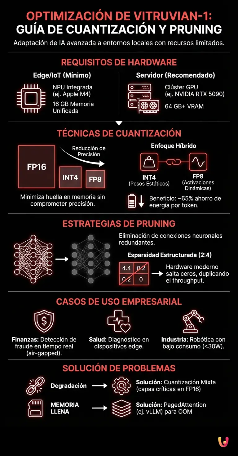 Optimizaci&oacute;n de Vitruvian-1: Gu&iacute;a de Cuantizaci&oacute;n y Pruning - Infograf&iacute;a resumen