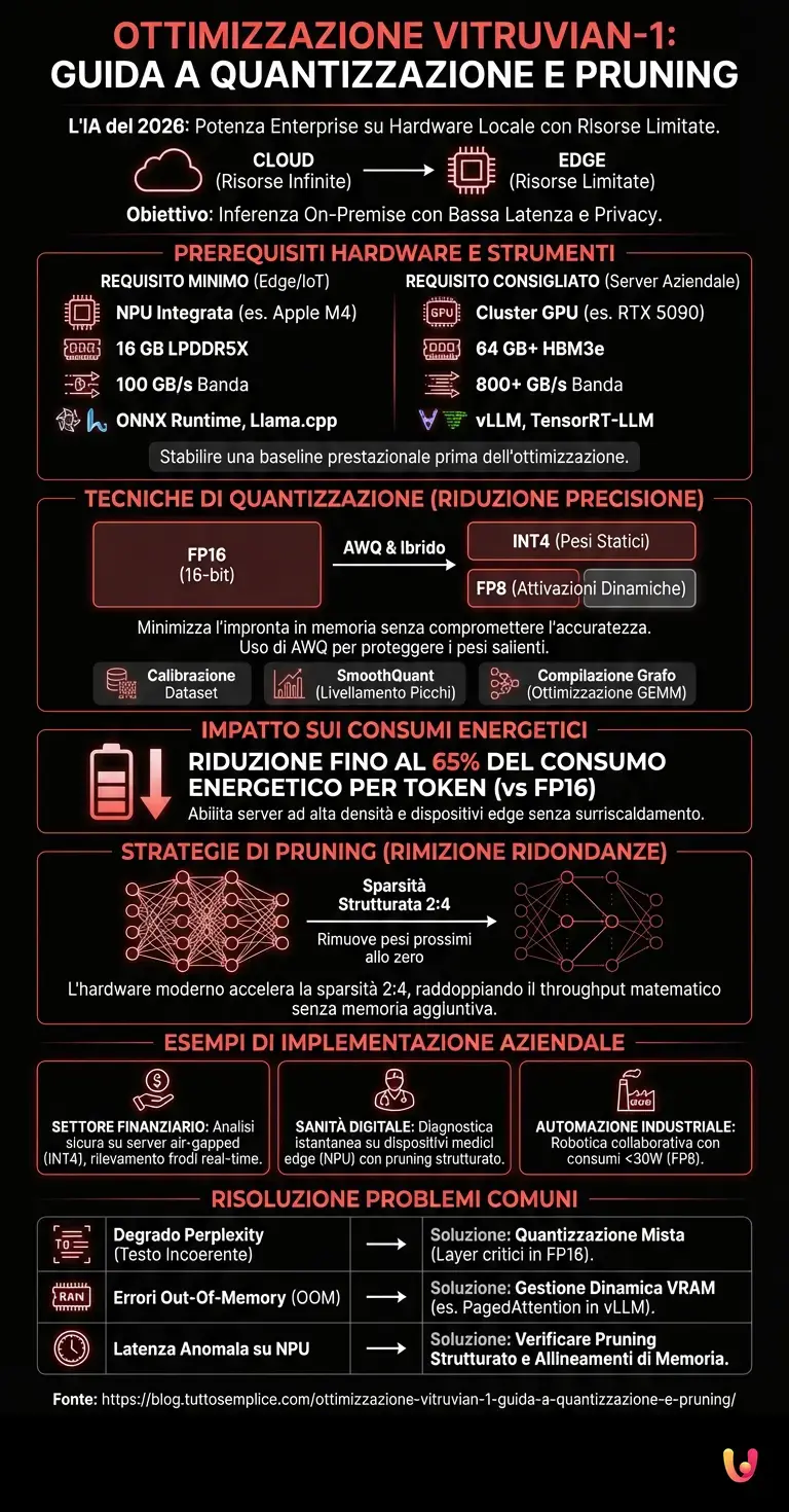 Ottimizzazione Vitruvian-1: Guida a Quantizzazione e Pruning - Infografica riassuntiva