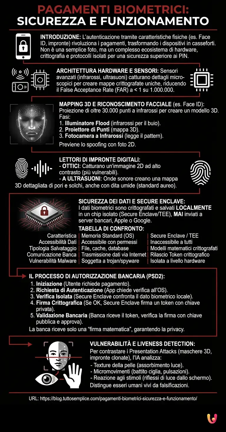 Pagamenti Biometrici: Sicurezza e Funzionamento - Infografica riassuntiva