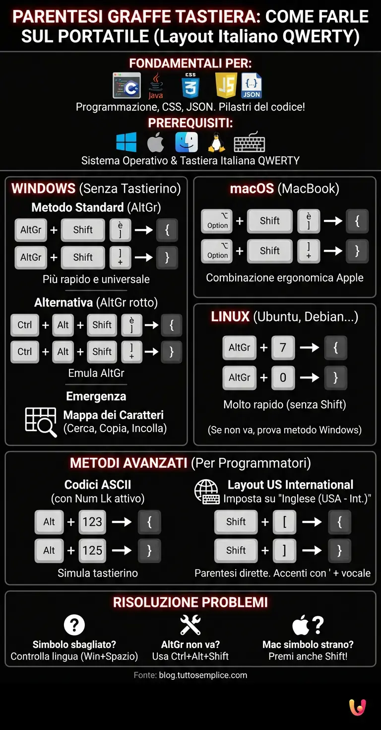Parentesi Graffe Tastiera: Come Farle sul Portatile - Infografica riassuntiva