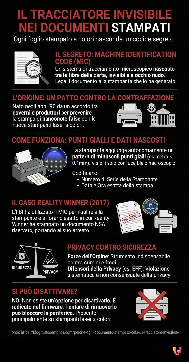 Perch&eacute; ogni documento stampato cela un tracciatore invisibile - Infografica riassuntiva