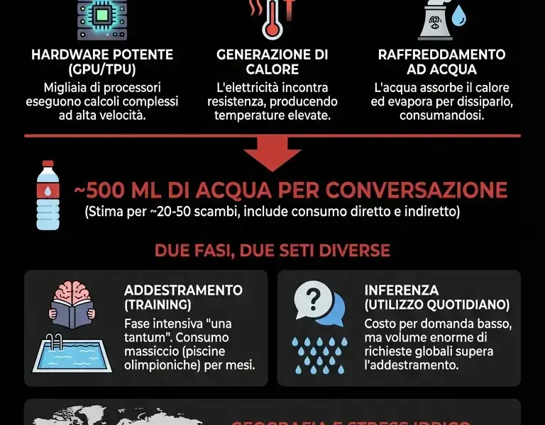 Infografica: Perch&eacute; ogni domanda all'IA costa letteralmente una bottiglia d'acqua