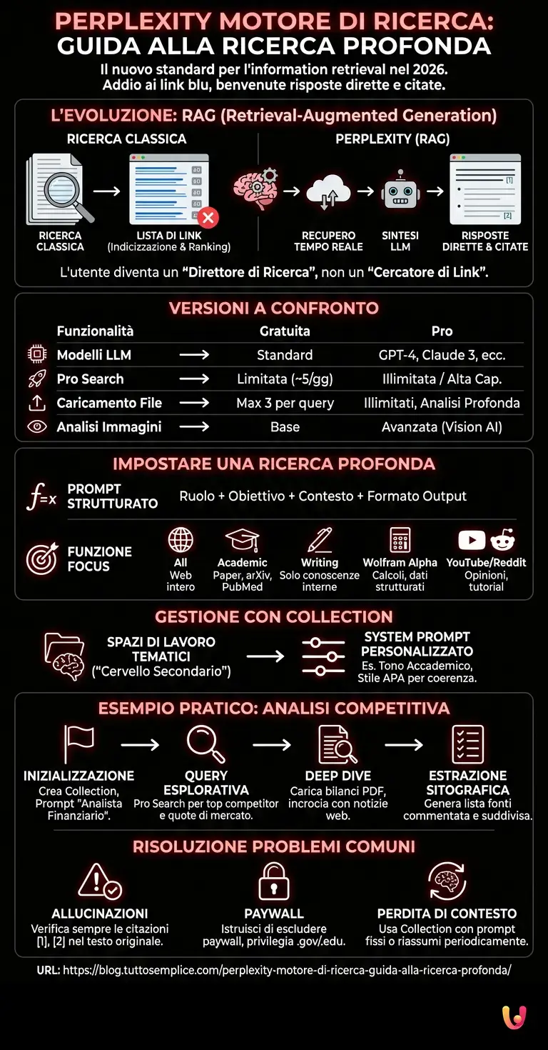 Perplexity Motore di Ricerca: Guida alla Ricerca Profonda - Infografica riassuntiva