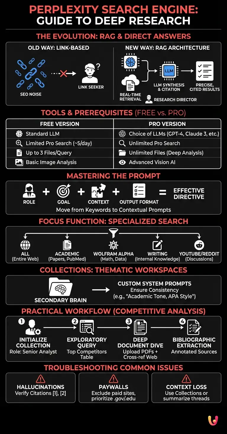 Perplexity Search Engine: Guide to Deep Research - Summary Infographic
