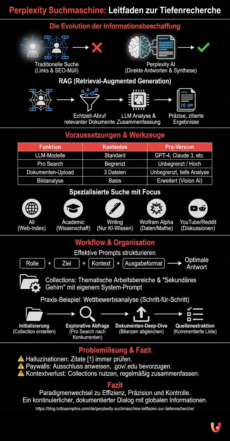 Perplexity Suchmaschine: Leitfaden zur Tiefenrecherche - Zusammenfassende Infografik