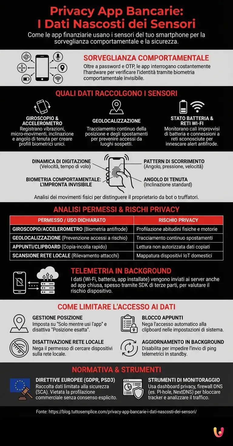 Privacy app bancarie: i dati nascosti dei sensori - Infografica riassuntiva