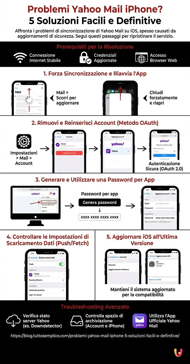 Problemi Yahoo Mail iPhone? 5 Soluzioni Facili e Definitive - Infografica riassuntiva