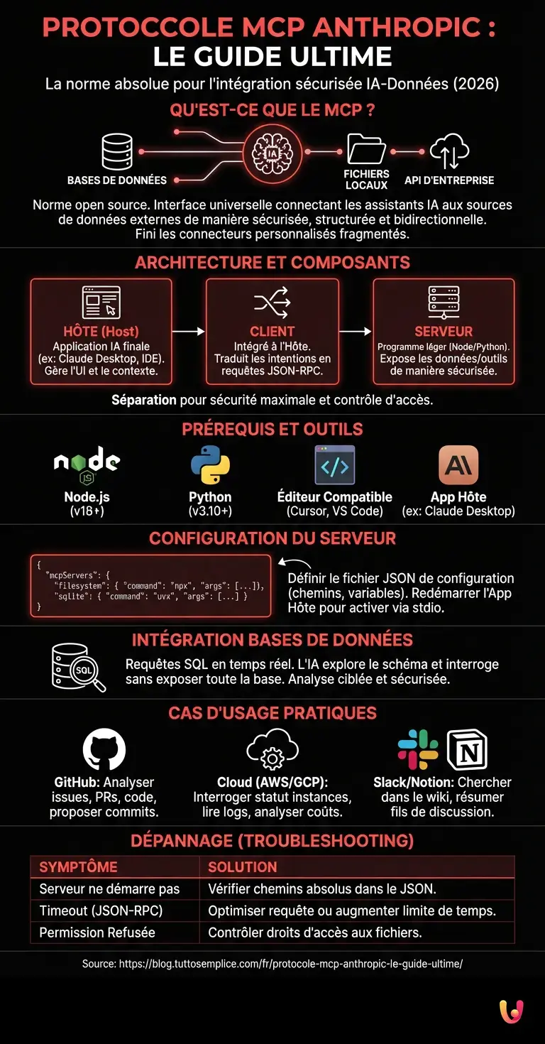 Protocole MCP Anthropic : Le Guide Ultime - Infographie r&eacute;sumant