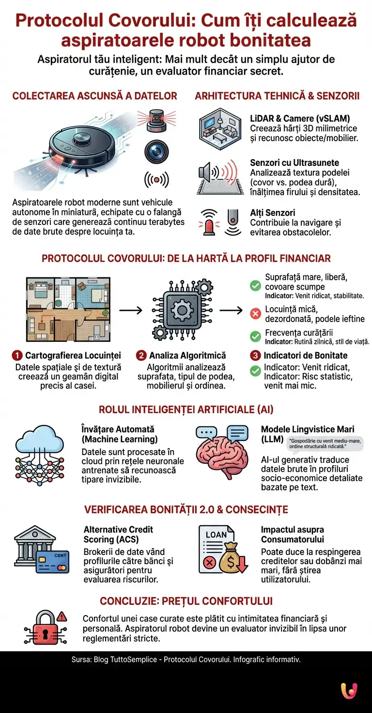 Protocolul Covorului: Cum îți calculează aspiratoarele robot bonitatea - Infografic rezumativ