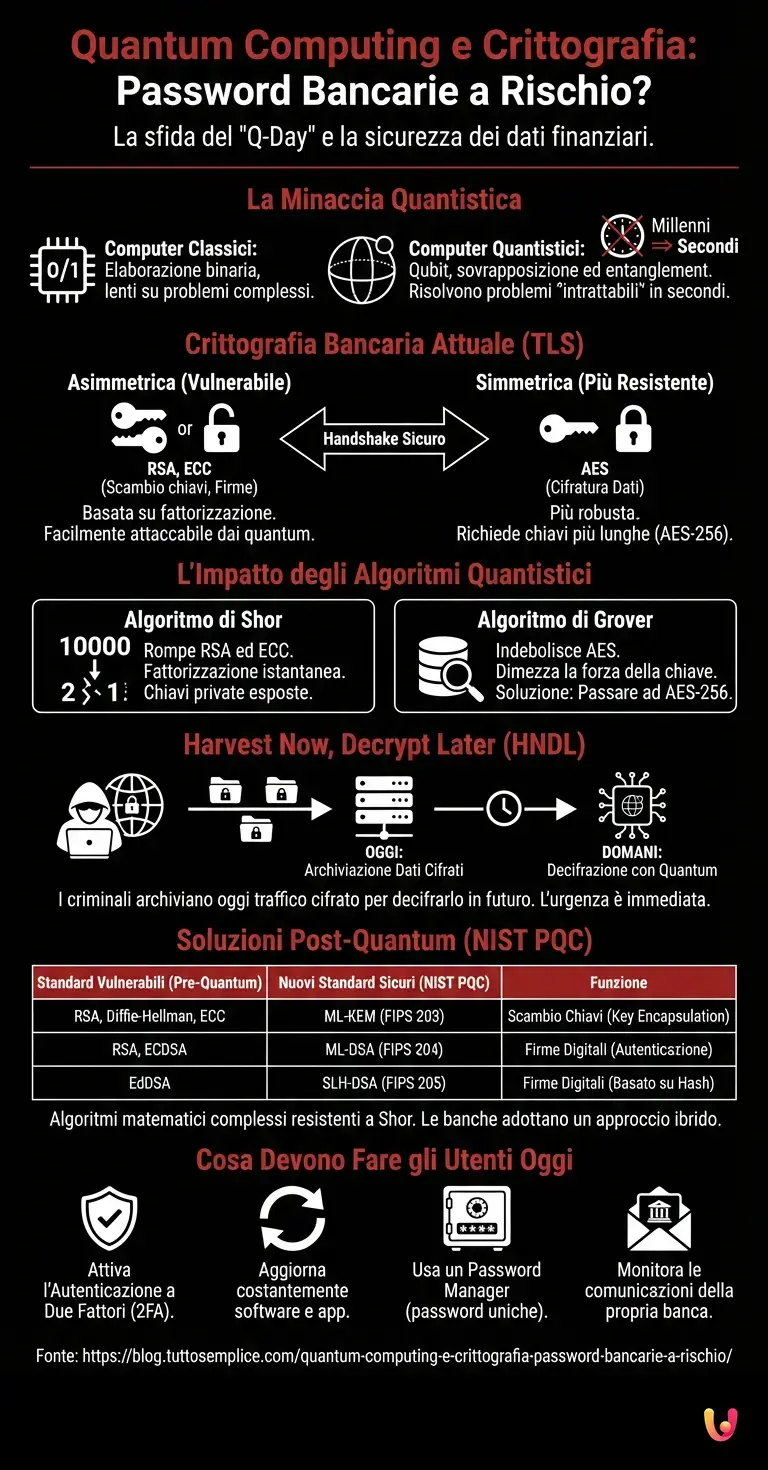Quantum Computing e Crittografia: Password Bancarie a Rischio? - Infografica riassuntiva