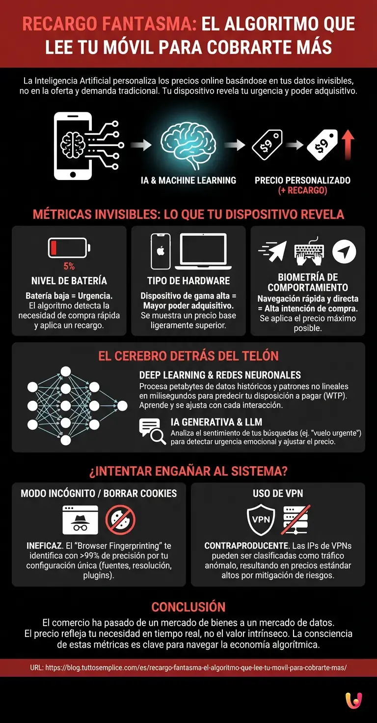 Recargo fantasma: el algoritmo que lee tu m&oacute;vil para cobrarte m&aacute;s - Infograf&iacute;a resumen