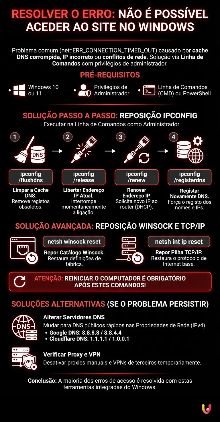 Resolver o Erro N&atilde;o &eacute; Poss&iacute;vel Aceder ao Site no Windows - Infogr&aacute;fico resumido
