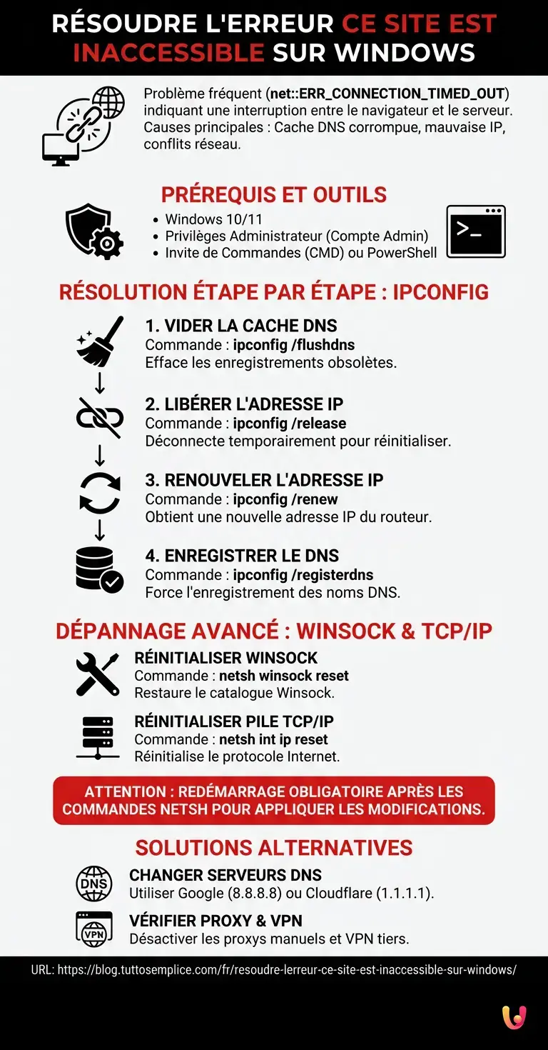 R&eacute;soudre l'Erreur Ce Site est Inaccessible sur Windows - Infographie r&eacute;sumant