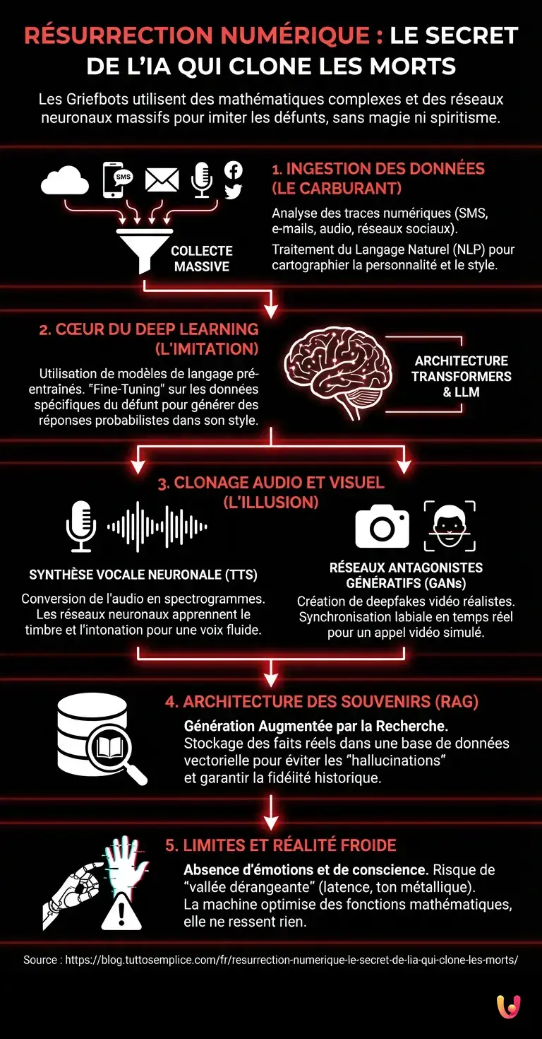 Résurrection numérique : le secret de l'IA qui clone les morts. - Infographie résumant