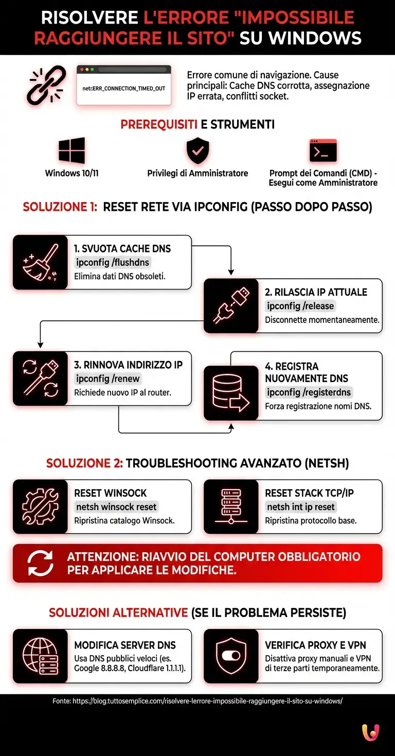Risolvere l'Errore Impossibile Raggiungere il Sito su Windows - Infografica riassuntiva