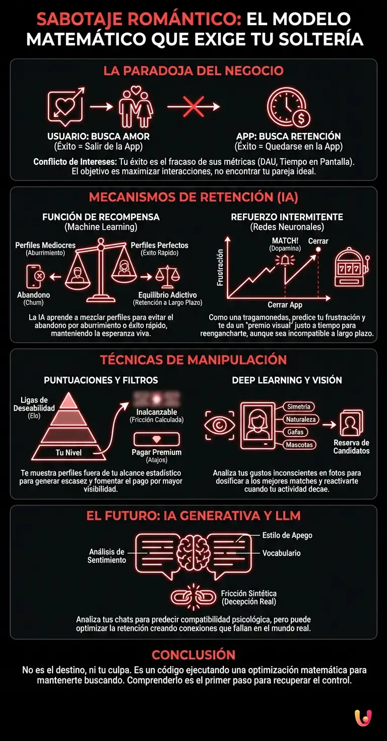 Sabotaje rom&aacute;ntico: el modelo matem&aacute;tico que exige tu solter&iacute;a - Infograf&iacute;a resumen